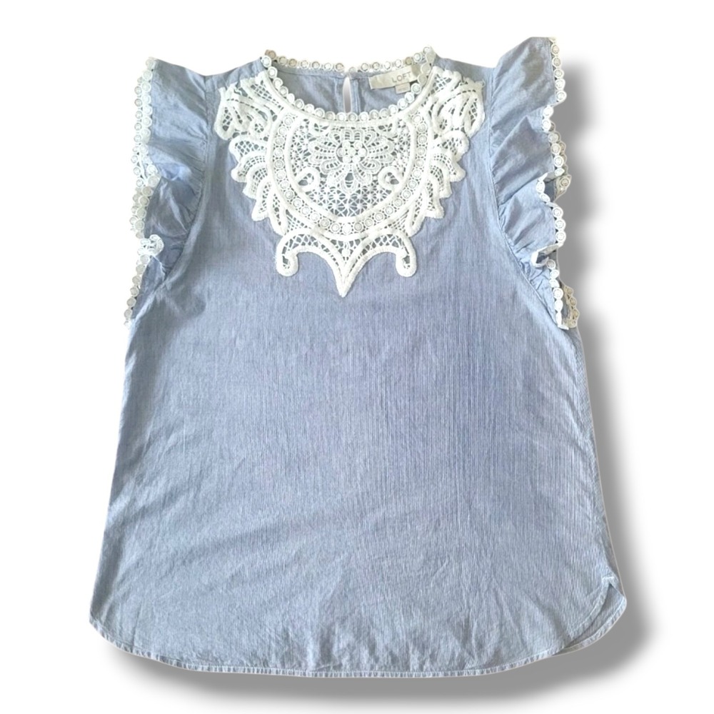 LOFT Women's Blue White Pinstripe Lace Yoke Top XS Ruffle Flutter Sleeve